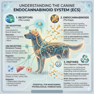 Three components of the canine ECS: CB1 and CB2 receptors, endocannabinoids anandamide and 2-AG, and metabolic enzymes FAAH and MAGL