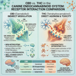 CBD vs THC receptor binding in dogs showing how CBD modulates CB1 receptors while THC activates them directly