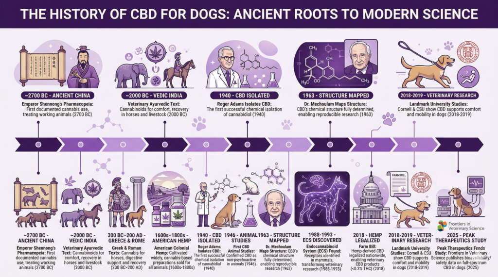 The history of CBD for dogs and the timeline of the use of cannabinoids from ancient times.
