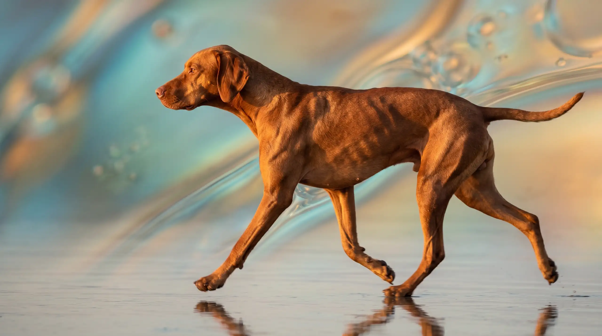 Athletic Vizsla dog mid-stride showing healthy joint mobility, illustrating the benefits of hyaluronic acid for dogs