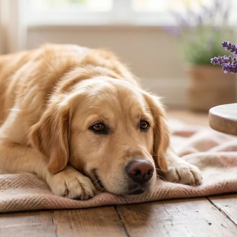 CBG for dogs and calming botanicals with a Labrador lying on a soft blanket looking at a bowl of lavender and citrus.
