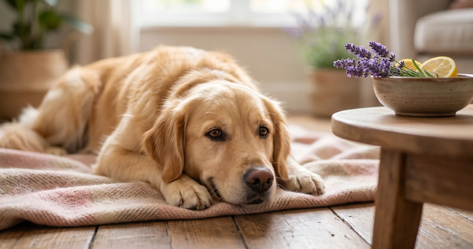 CBG for dogs and calming botanicals with a Labrador lying on a soft blanket looking at a bowl of lavender and citrus.