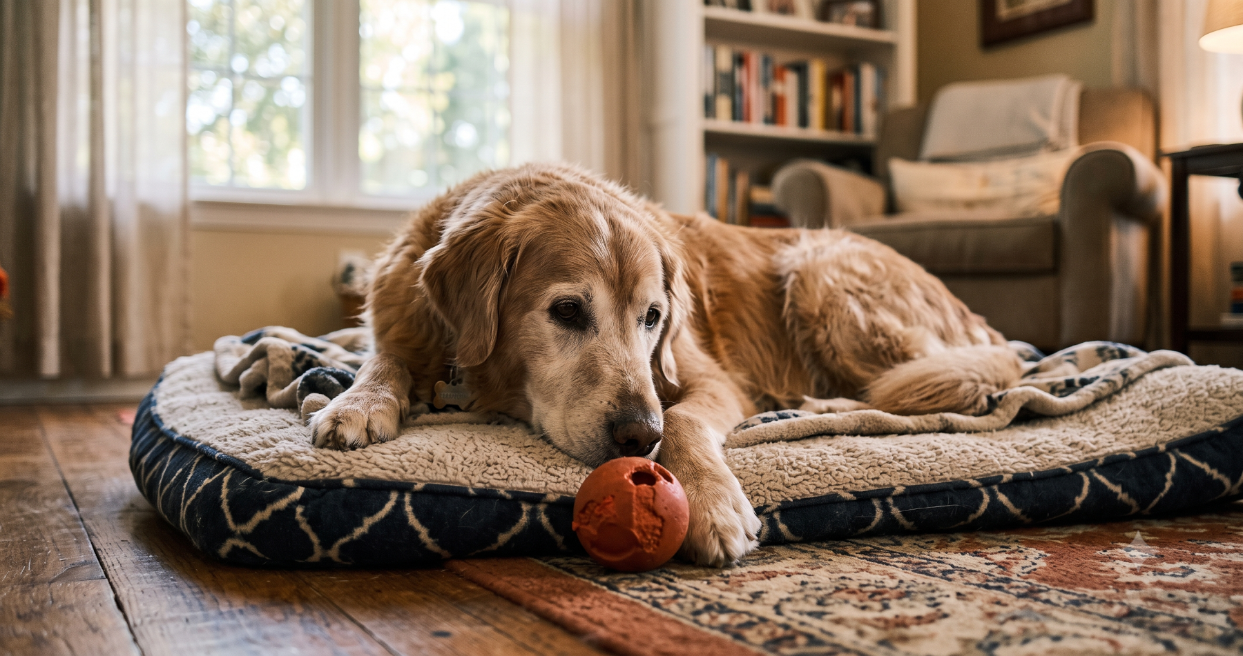 Older Golden Lab laying on a comfortable dog bed looking at an orange rubber ball.