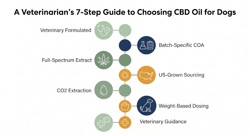 Infographic showing a veterinarian's 7-step guide to choosing CBD oil for dogs, including veterinary formulation, batch-specific COA, full-spectrum extract, US-grown hemp, CO2 extraction, weight-based dosing, and consulting a vet.