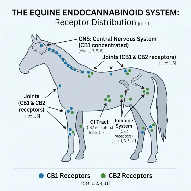CBD for horses -- diagram of equine endocannabinoid system showing CB1 and CB2 receptor distribution
