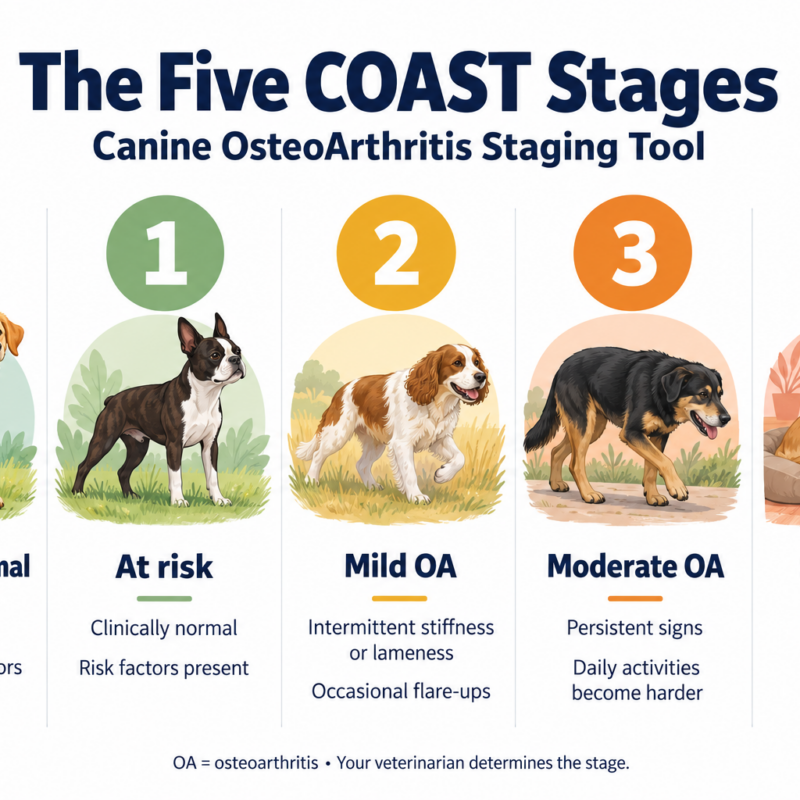 Infographic of the five COAST stages of arthritis in dogs, from Stage 0 clinically normal to Stage 4 severe osteoarthritis